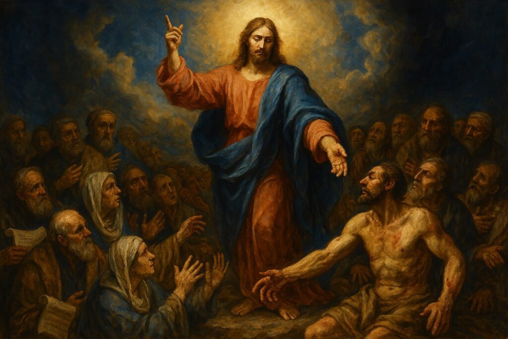 An oil painting in the Baroque style depicting Jesus Christ in radiant light, with a visible, tangible human body, emphasizing both his divinity and humanity.