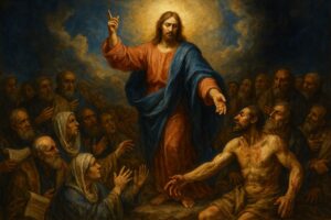 An oil painting in the Baroque style depicting Jesus Christ in radiant light, with a visible, tangible human body, emphasizing both his divinity and humanity.