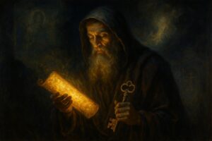 An oil painting depicting a mystical scene inspired by Gnostic themes, featuring a cosmic struggle between light and darkness, symbolizing the dualistic worldview of Gnosticism.